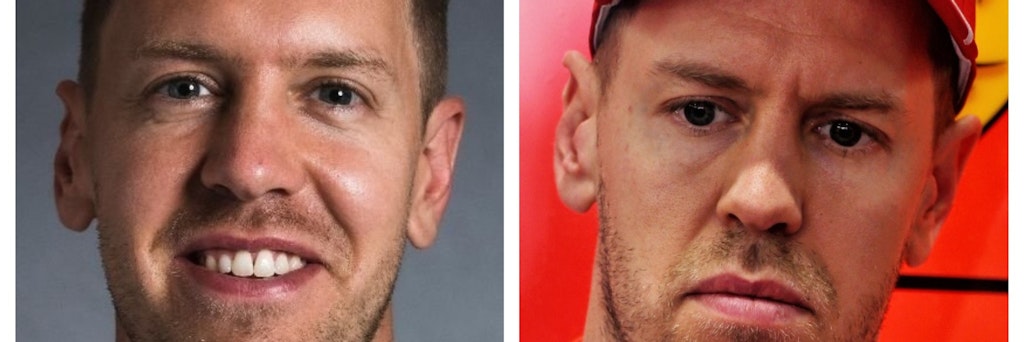 Die zwei Gesichter des Sebastian Vettel: Strahlend, bei der Vorstellung als neuer Fahrer von Aston Martin, genervt bei der Rückkehr in seine lahme Ferrari-Gurke.