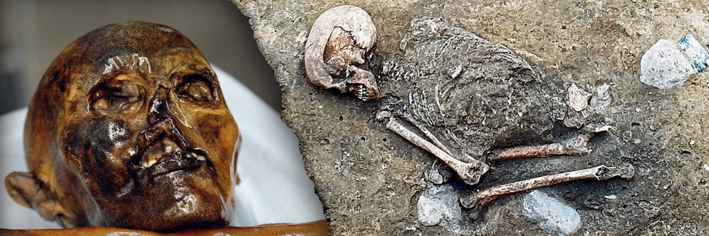 Links: Die Gletscher-Mumie Ötzi aus den Alpen. Rechts: Die Überreste der Ur-Märkerin von Bietikow.