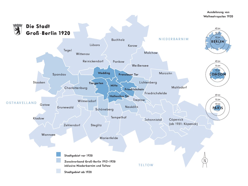 Das Groß-Berlin-Gesetz, das am 1.Oktober 1920 in Kraft tritt, macht die deutsche Hauptstadt flächenmäßig zur zweitgrößten Stadt der Welt (hinter Los Angeles) und hinsichtlich ihrer Einwohnerzahl zur drittgrößten (hinter London und New York).