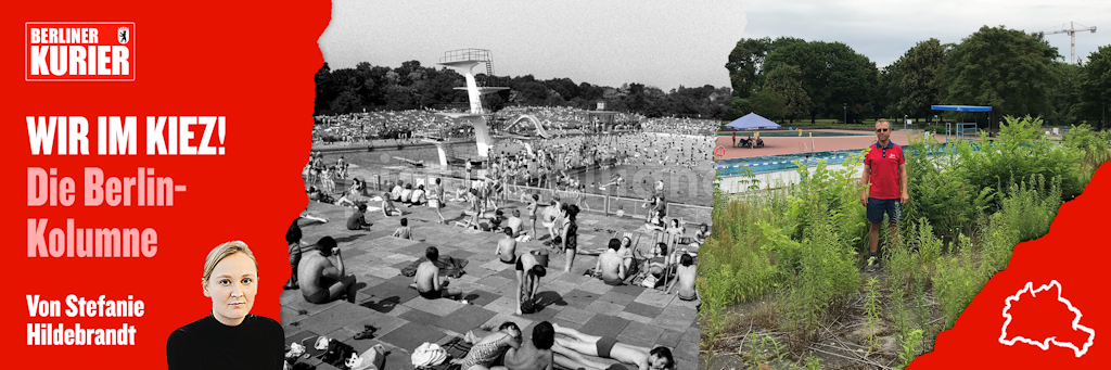 Links: Ein Foto aus längst vergessenen Zeiten. Rechts: Schwimmmeister René Czaya im Freibad Pankow. Die Tribüne ist zugewuchert. Zweimal im Jahr wird gemäht.
