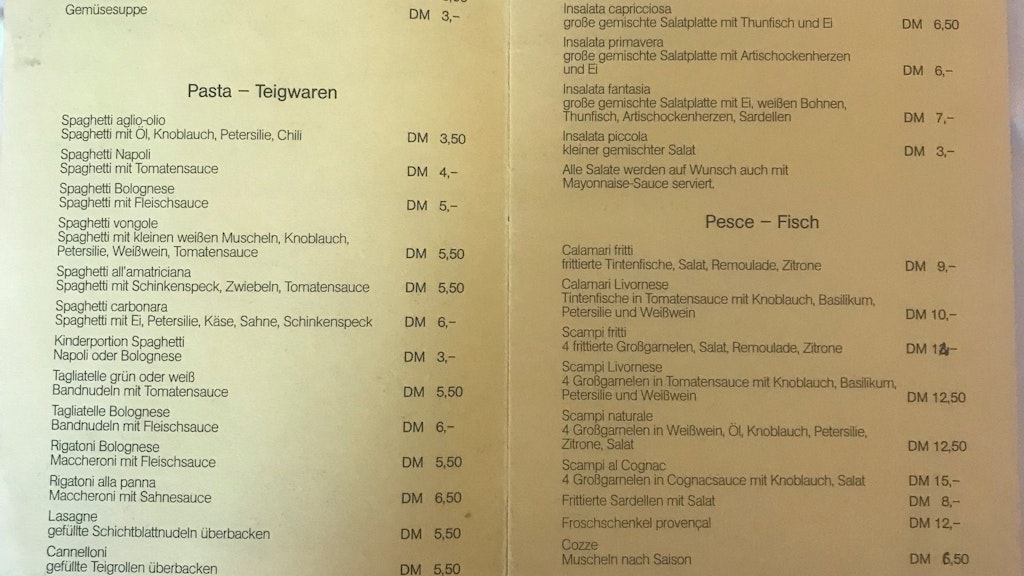 Ein Auszug aus der Speisekarte von 1977