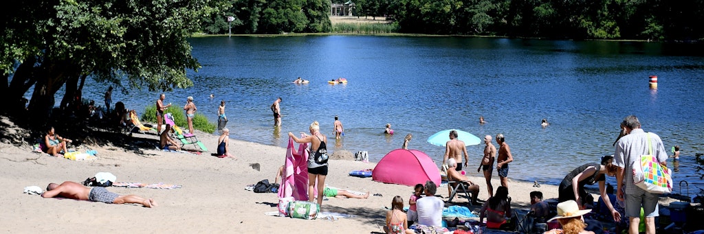 Menschen genießen an einer Badestelle am Tegeler See den Sommer. 