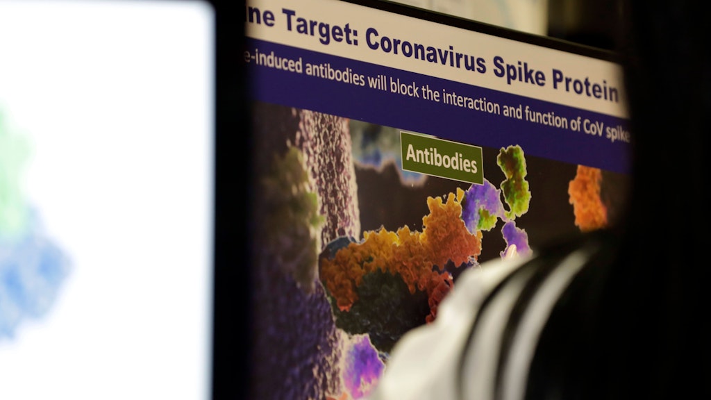 Model eines Coronavirus-Spike-Proteins auf einem Computer-Bildschirm