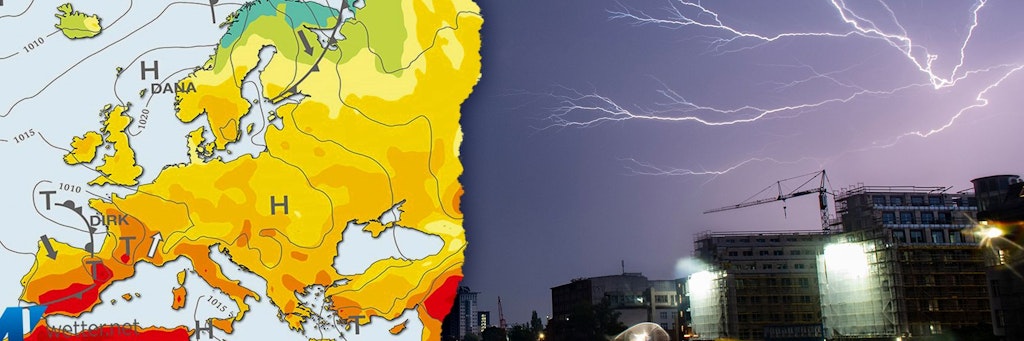 Tiefdruckgebiet Dana geht, Hoch Dirk kommt - und bringt aus dem Westen neuen Starkregen, Gewitter und Sturm.