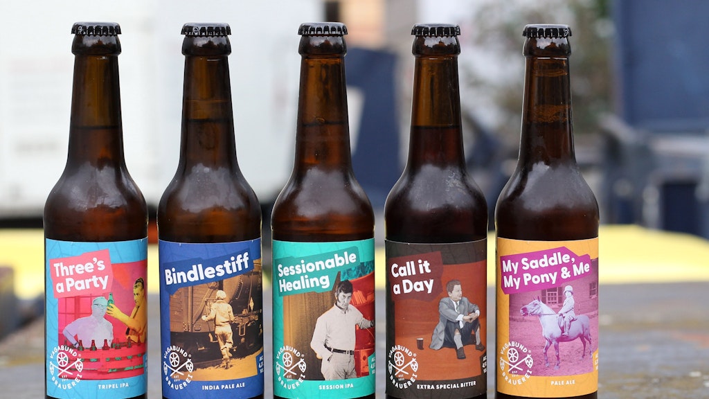 Fünf der sechs Biersorten der Vagabund-Brauerei, gebraut auf deutsche, belgische, englische und amerikanische Art.