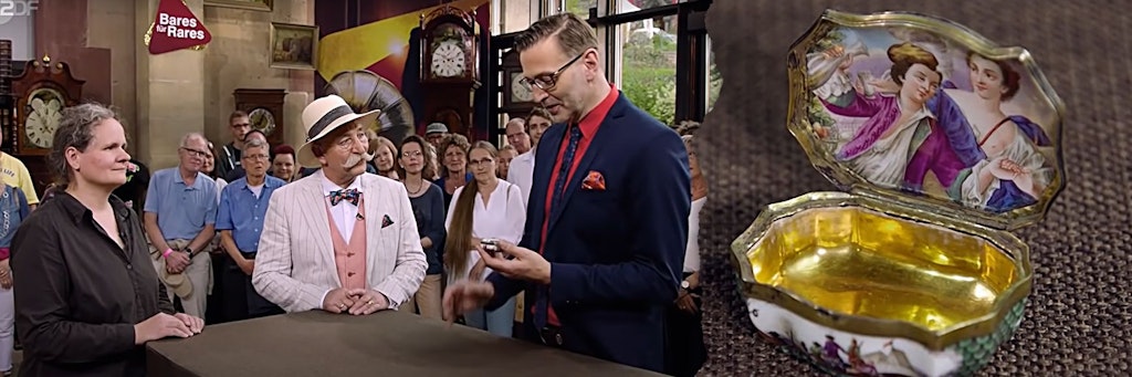 Dieses Schnupftabak-Döschen kam bei Bares für Rares unter den Hammer - und übertraf alle Erwartungen. Links: Altenpflegerin Natascha Scharschmidt, Moderator Horst Lichter und Kunst-Experte Detlef Kümmel.