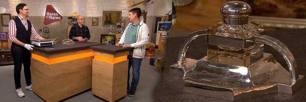 Dieses schicke Tintenfass kam bei „Bares für Rares“ unter den Hammer. Links: Experte Colmar Schulte-Goltz, Moderator Horst Lichter und Kandidat Tim Kremzow bei der Expertise.