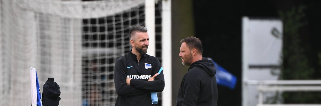 Seit Mittwoch im Trainerteam: Stürmercaoch Vedad Ibisevic (l.) unterhält sich mit seinem neuen Chef Pal Dardai.