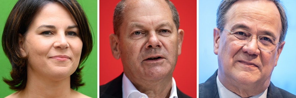 Die Spitzenkandidaten für die Bundestagswahl: Annalena Baerbock (Grüne), Olaf Scholz (SPD, M.) und Armin Laschet (CDU).