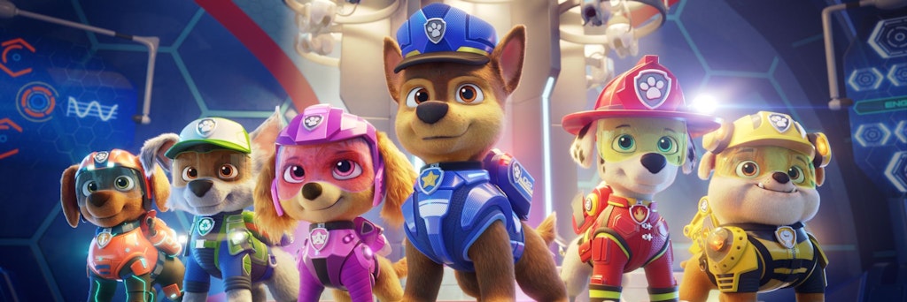 Die Zeichentrickfiguren Zuma, Rocky, Skye, Chase, Marshall und Rubble (v.l.) sind die Helden der Kinderserie „Paw Patrol“, die jetzt als Film in die Kinos kommt.