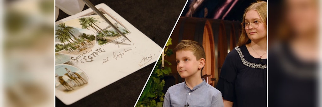 Leo und Charlotte wollen bei „Bares für Rares“ eine Postkarte von Karl May verkaufen.