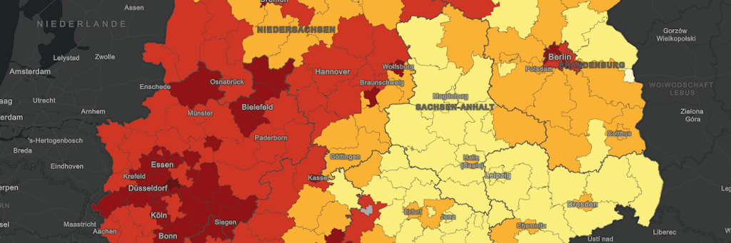 Die rot gefärbten Flecken auf der Lage-Karte des RKI markieren die Corona-Hotspots Deutschlands.