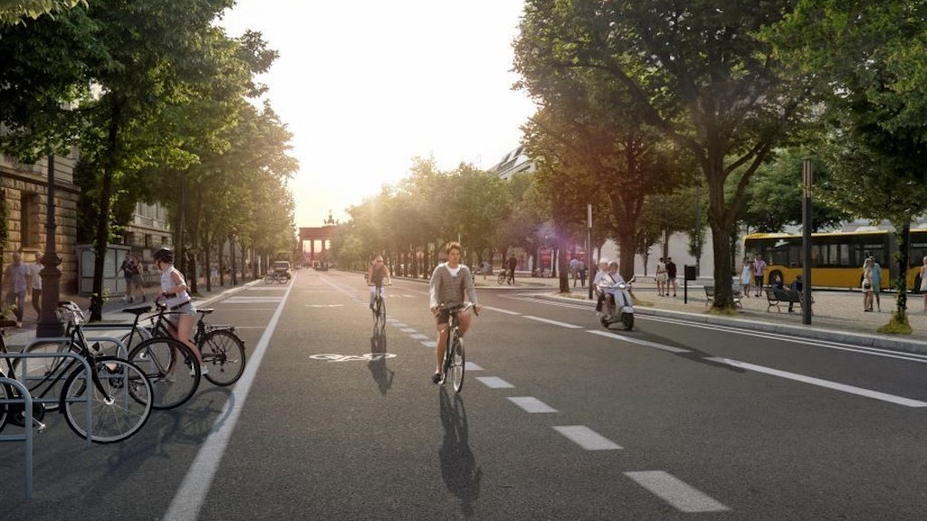 So soll die Straße ab 2022 mehrere Jahre lang aussehen. Autoverkehr ist weiter möglich, für ihn gibt es aber statt zwei nur noch einen Fahrstreifen pro Richtung. Die Busspur befindet sich in der Mitte der Fahrbahn. Ein 3,25 Meter breiter Radfahrstreifen und ein 2,50 Meter breiter Streifen mit mehreren Funktionen schließen sich an.