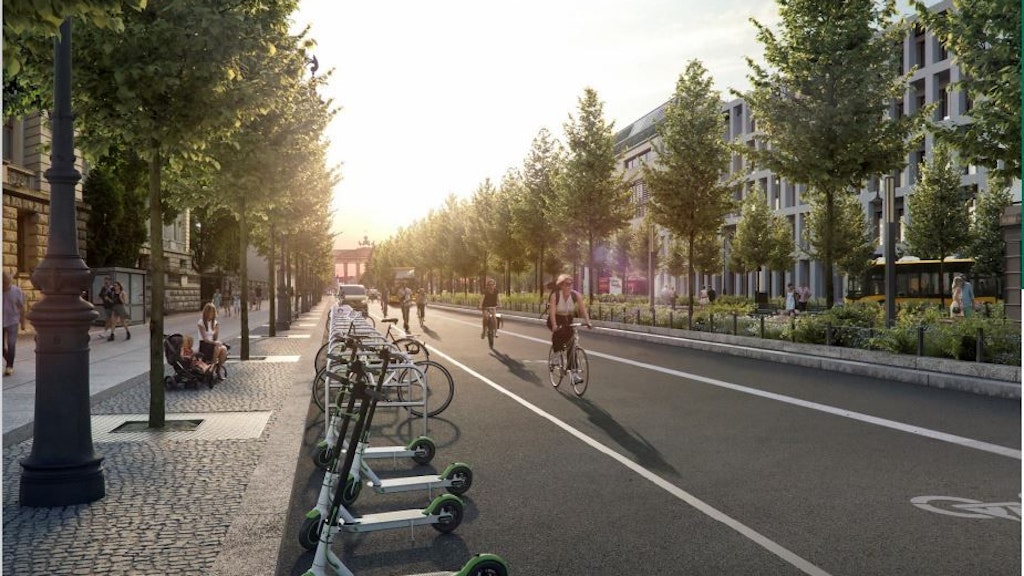 Eine weitere Idee für die endgültige Gestaltung der Straße Unter den Linden. Der linke Fahrstreifen wird für Busse, Taxis, Liefer- und Ausflugsverkehr reserviert. In der Mitte der Fahrbahn verläuft ein 3,50 Meter breiter Radfahrstreifen, flankiert von einem Multifunktionsstreifen. Gehwege und Mittelpromenade werden verbreitert.