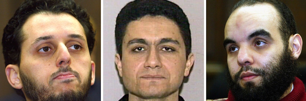 Mitglieder der sogenannten Hamburger Terrorzelle: Mounir El Motassadeq, Mohammed Atta und Abdelghani Mzoudi (v.l.n.r.). 