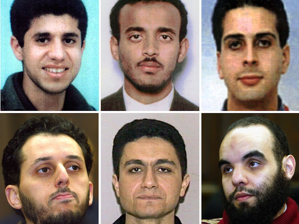 Die Mitglieder der sogenannten Hamburger Terrorzelle (oben l-r) Zakariya Essabar, Abdullah Binalshibh, Said Bahaji, (unten l-r) Mounir El Motassadeq, Mohammed Atta und Abdelghani Mzoudi. 