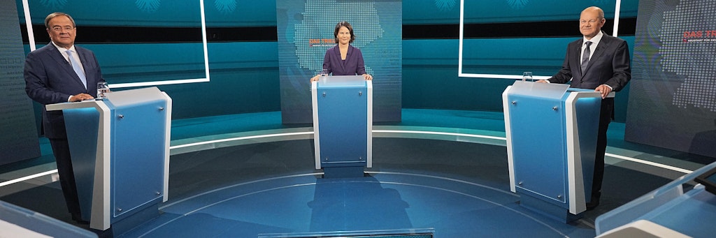 Die Kanzlerkandidaten beim ersten TV-Triell am 29. August: Armin Laschet (CDU, l.), Annalena Baerbock (Bündnis 90/Die Grünen) und Olaf Scholz (SPD).