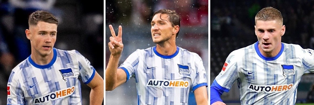Herthas Vize-Kapitän Niklas Stark zeigt es an: Auf Linus Gechter (l.) und Marton Dardai (r.) kann er sich verlassen.
