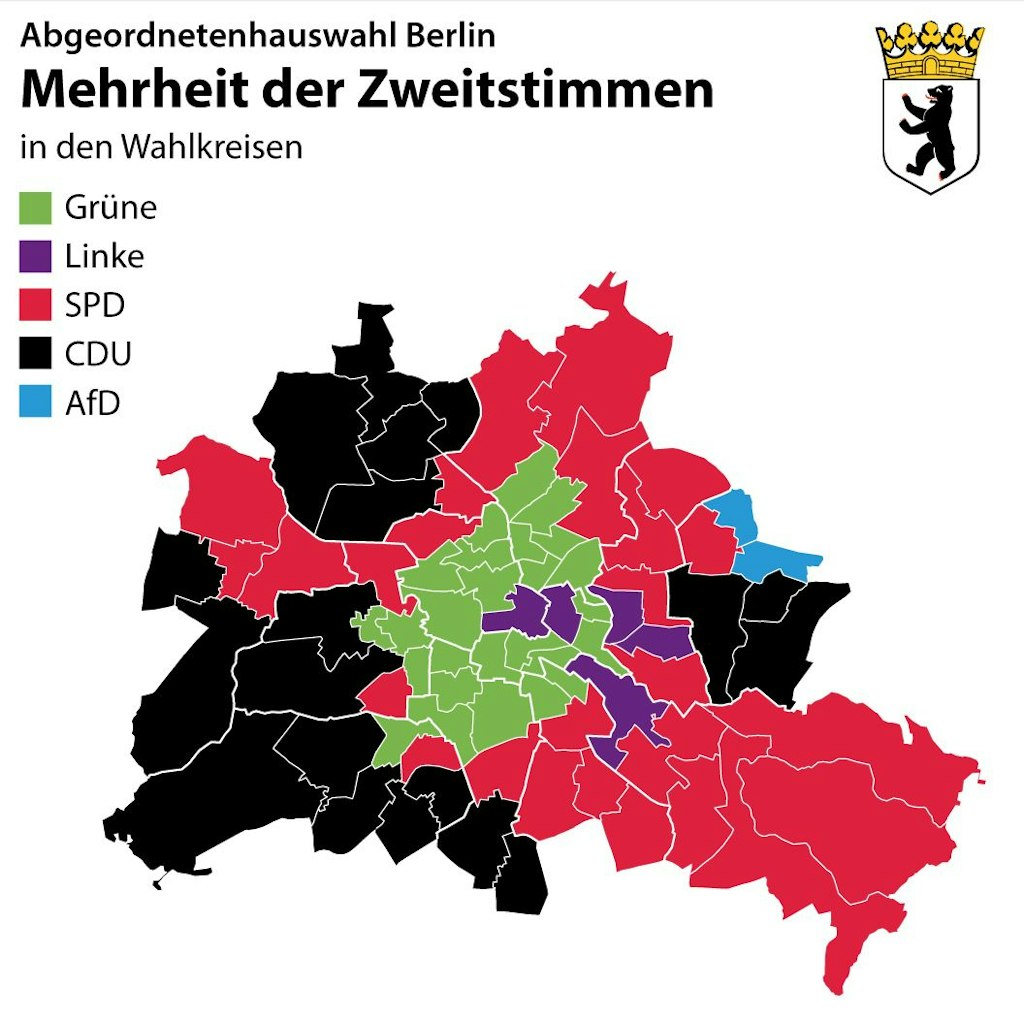 Die Karte zeigt, wo die Parteien ihre Hochburgen in Berlin haben.