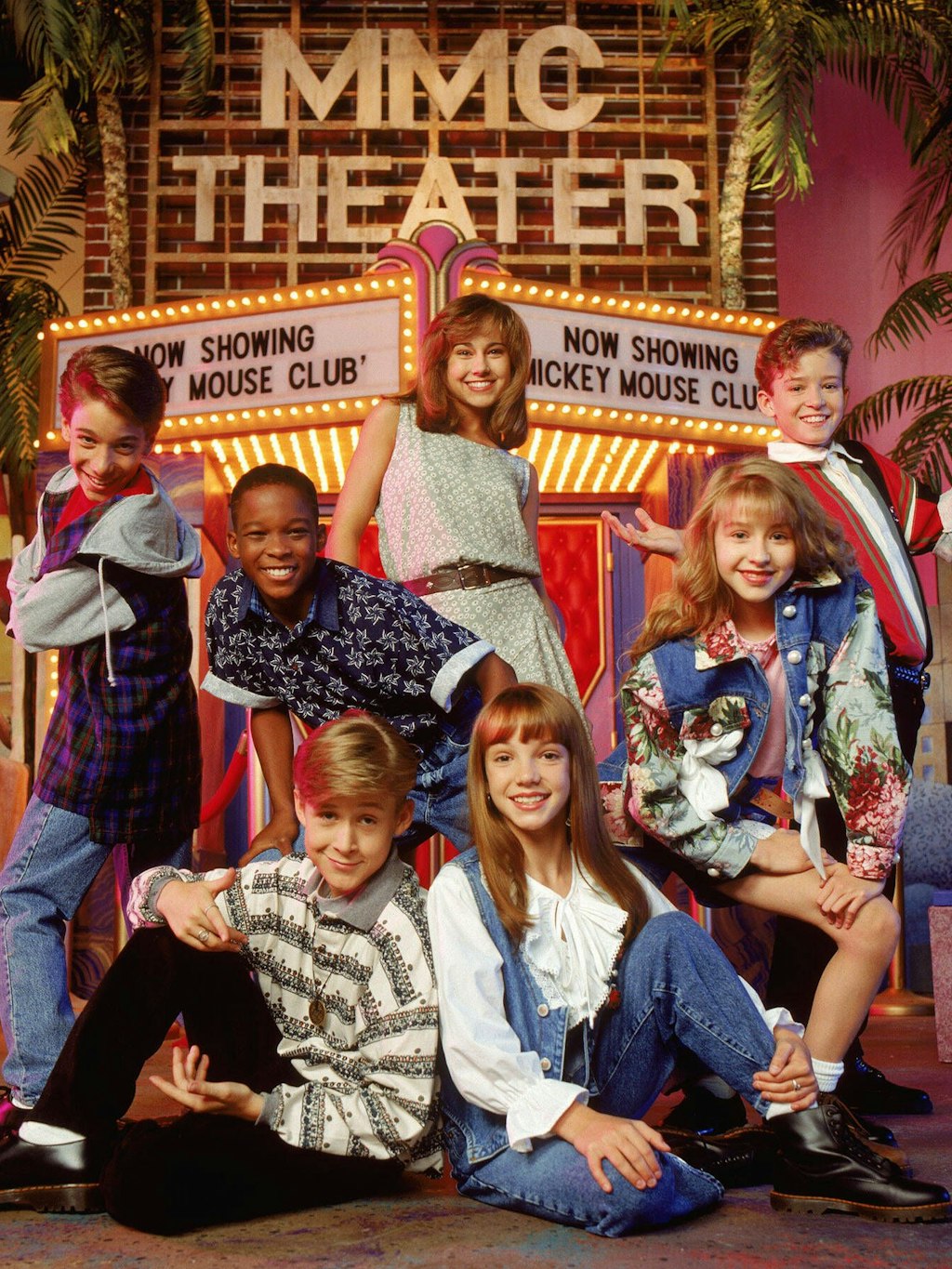 Die Mitglieder des „New Mickey Mouse Club“: Nikki DeLoach, Justin Timberlake (re.), Christina Aguilera, Britney Spears (v.), Ryan Gosling, T. J. Fantini, Tate Lynche.