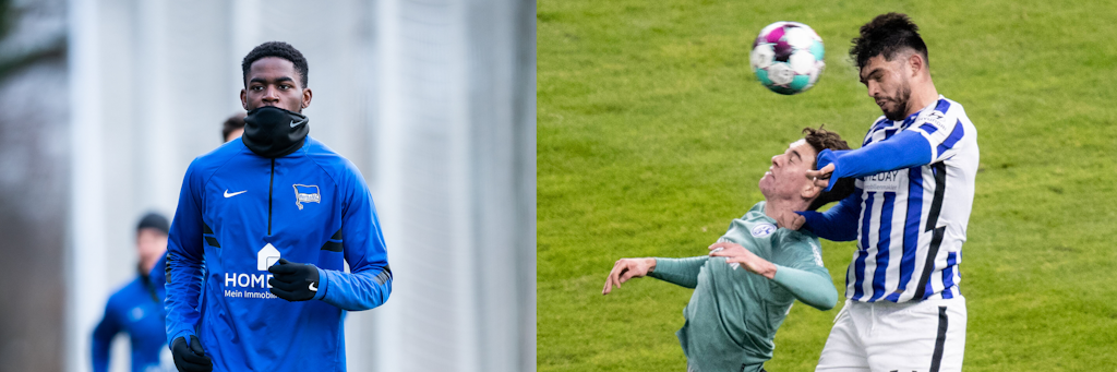 Jordan Torunarigha (l.) bekam von Hertha-Trainer Bruno Labbadia eine Auszeit und musste zugucken, wie sein Konkurrent Omar Alderete (r.) gegen Schalke Pluspunkte sammelte. 