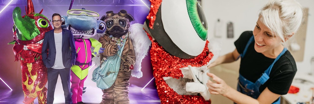 Marianna Meinl kümmert sich um die Chilischote - nur eines der bunten Kostüme in der fünften Staffel von „The Masked Singer“. Links: Moderator Matthias Opdenhövel mit Chilischote, Mops und Hammerhai.