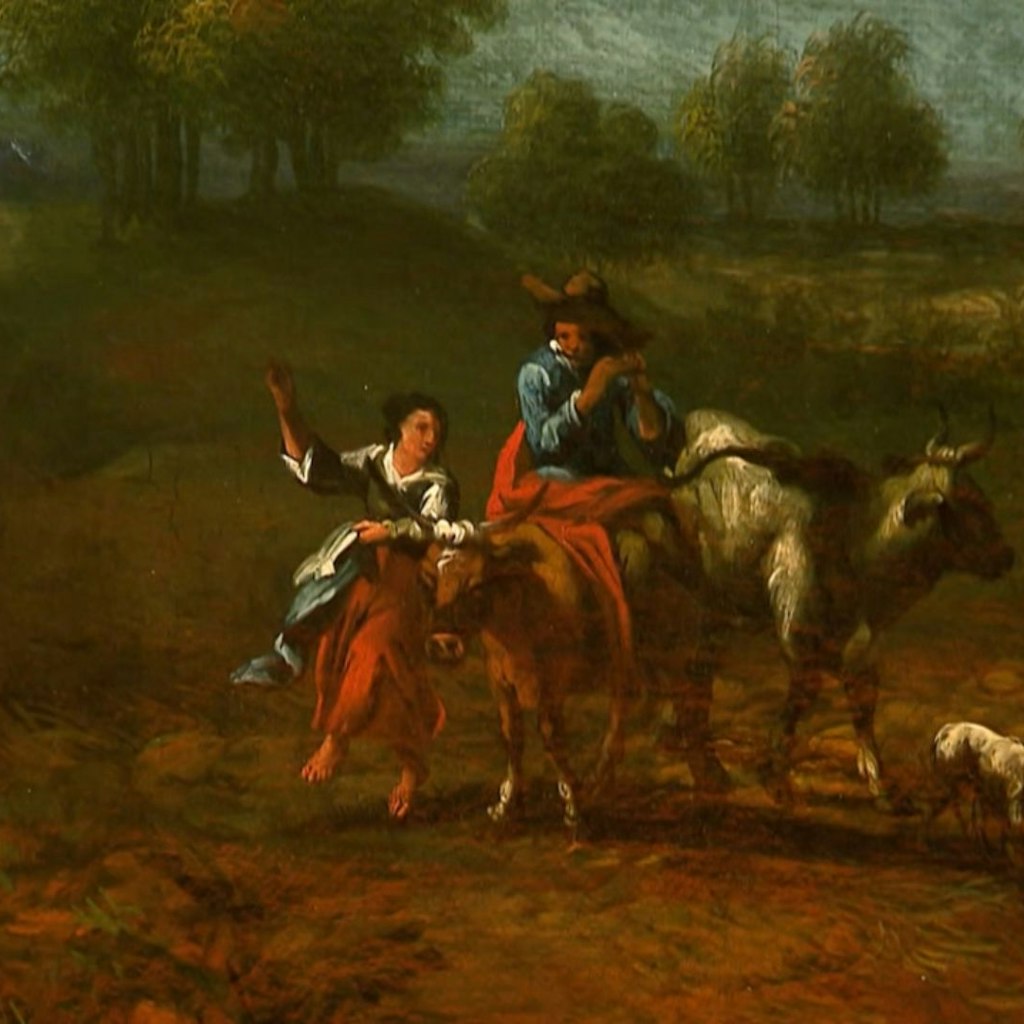 Ein Detail des Gemäldes, das bei „Bares für Rares“ unter den Hammer kam: Das Bild zeigt unter anderem eine tanzende Hirtin.