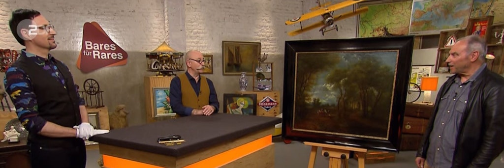 Dieses tolle Gemälde kam bei „Bares für Rares“ unter den Hammer. Hier: Experte Colmar Schulte-Goltz, Moderator Horst Lichter und Kandidat Manfred Everartz bei der Expertise.