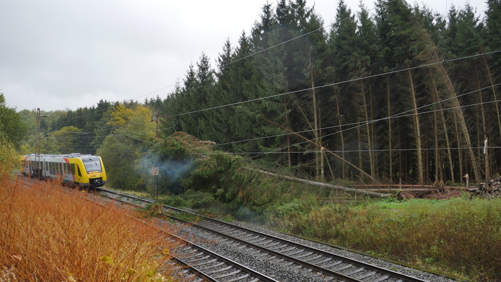 In Rudersdorf in NRW ist die Bahnstrecke gesperrt. Bäume landeten auf den Oberleitungen.