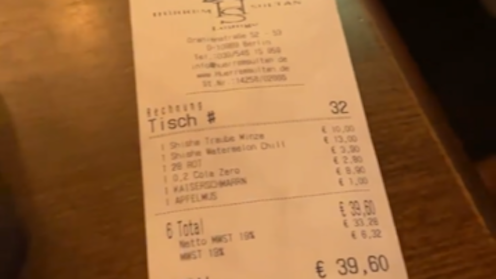 Shisha-Tabak, Cola Zero, Kaiserschmarrn und Apfelmus: Die Rechnung von Max Kruse und seiner Verlobten Dilara. 