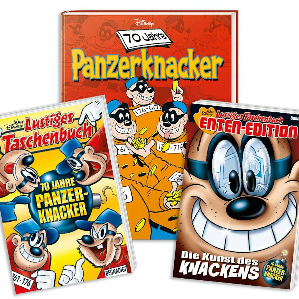 Cover der drei Publikationen, die der Verlag Egmont Ehapa Media anlässlich des 70. Geburtstags der Panzerknackerbande herausgeben hat.