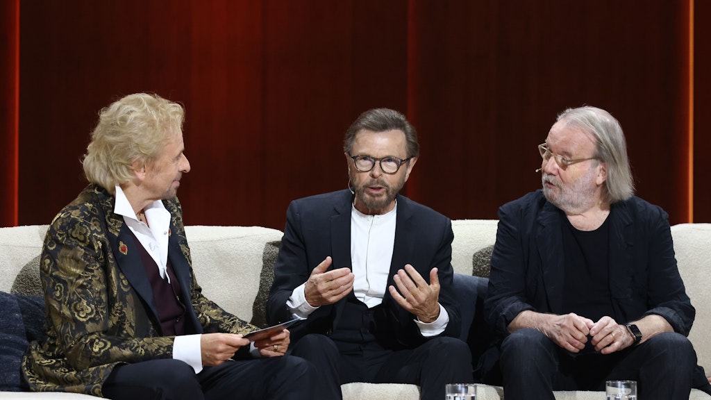 Thomas Gottschalk bei „Wetten, dass..?“ mit Björn Ulvaeus und Benny Andersson von Abba. 