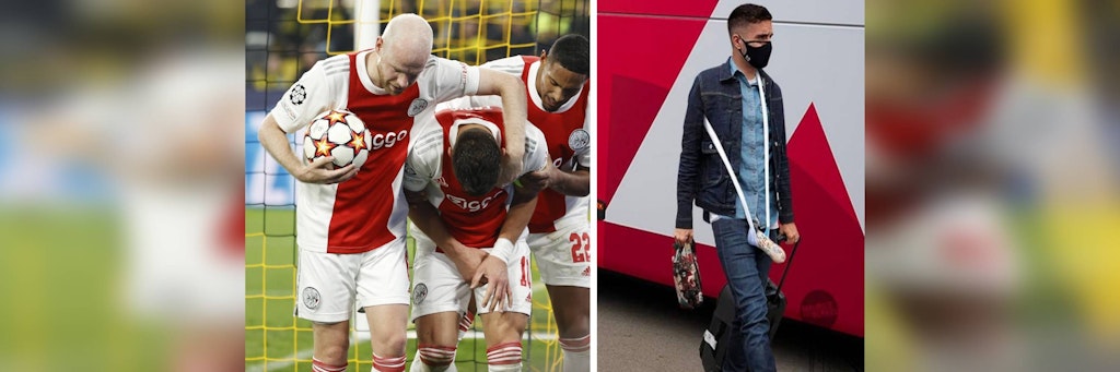 Ajax-Kapitän Dusan Tadic hält sich schmerzverzerrt den Schritt. Doch schon kurz darauf konnte er wieder lachen.
