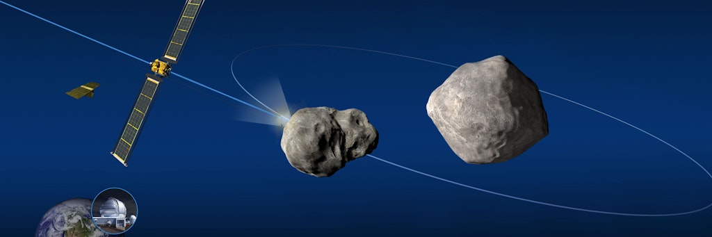 Eine grafische Darstellung zeigt die Mission „Dart“ (Double Asteroid Redirection Test), mit der erstmals eine Sonde absichtlich in einen Asteroiden gesteuert werden soll.