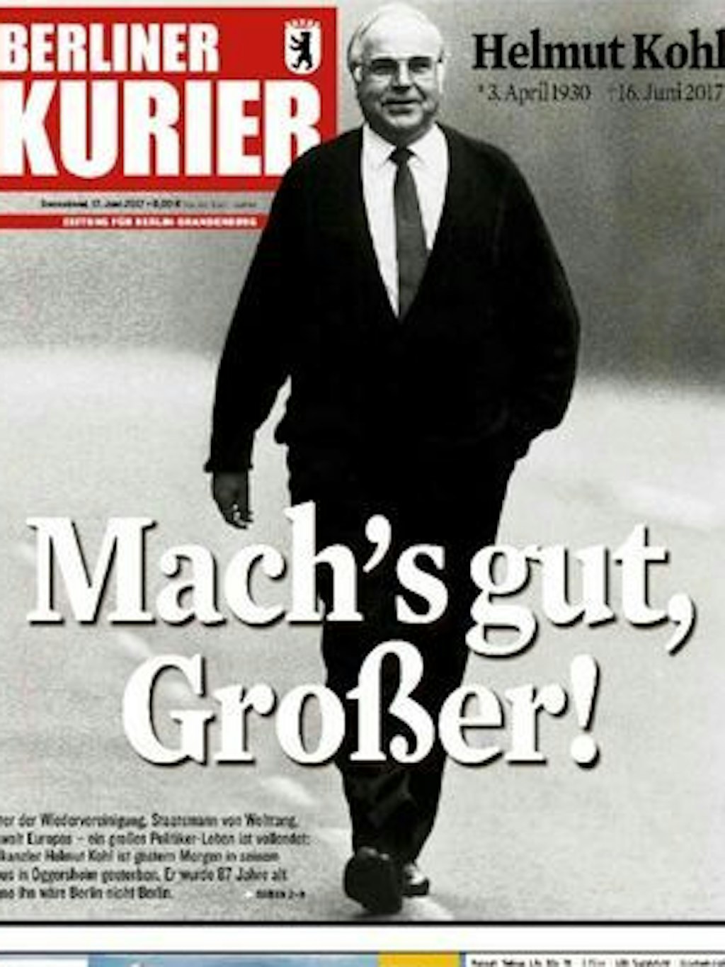 So verabschiedete sich der Berliner Kurier von Helmut Kohl, der am 16. Juni 2017 verstarb.