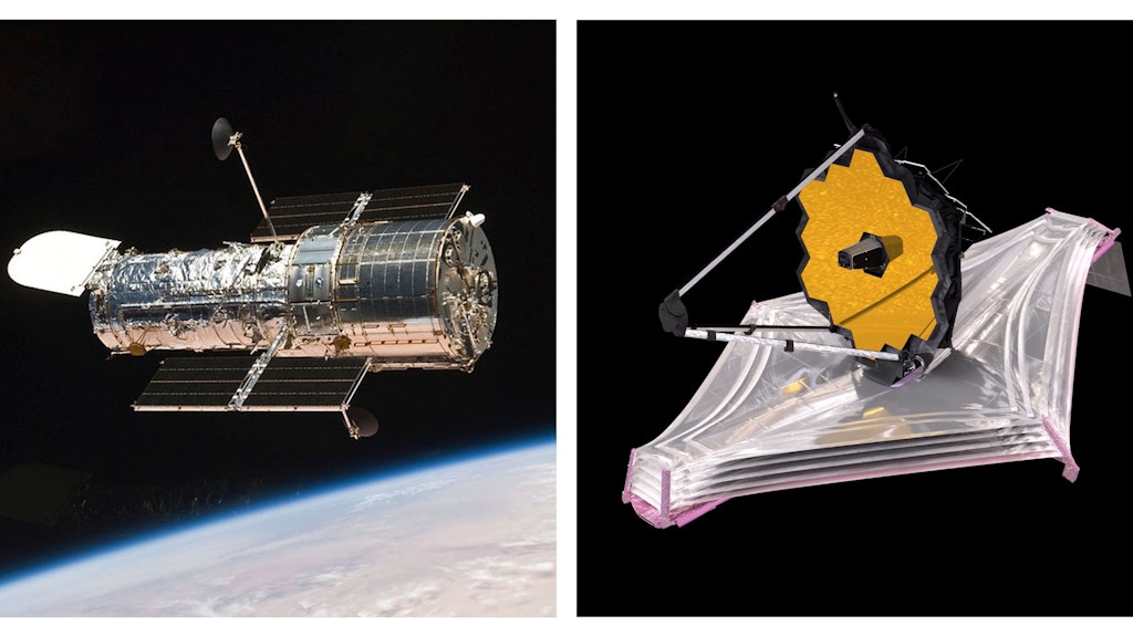 Die Bildern zeigt das Hubble-Weltraumteleskop (li.), das seit mehr als 30 Jahren die Erde umkreist, und eine Illustration des James Webb-Weltraumteleskops.