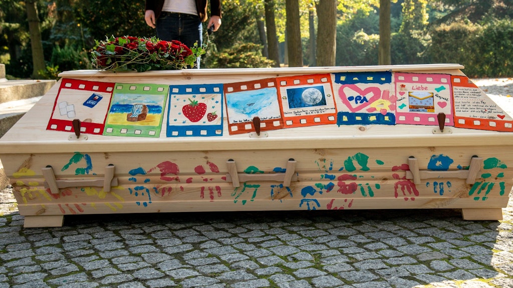 Ein bunt bemalter Sarg – Trauerfeiern müssen nicht immer dunkel sein.