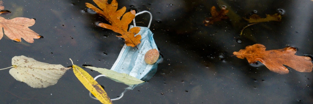 Ein Mund- und Nasenschutz schwimmt zusammen mit Blättern im Wasser.
