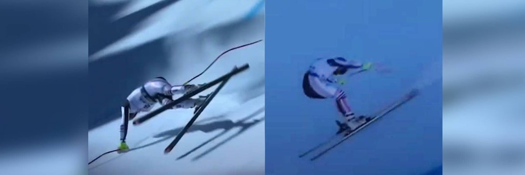 Irre Szene bei der Ski-WM in Cortina. Maxence Muzaton stürzt, fängt sich aber durch einen Wahnsinns-Stunt.