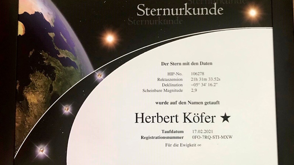Das ist die Urkunde zu dem Stern, der nun den Namen von Herbert Köfer trägt. 