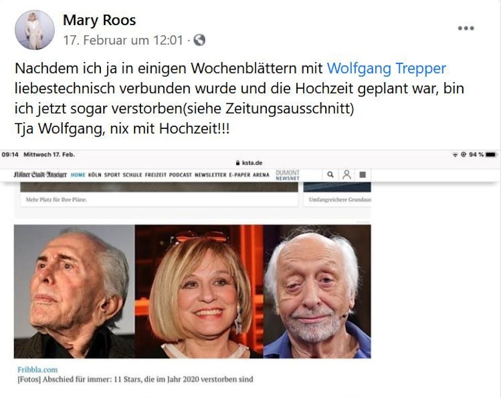 So reagierte Mary Roos auf Facebook. 