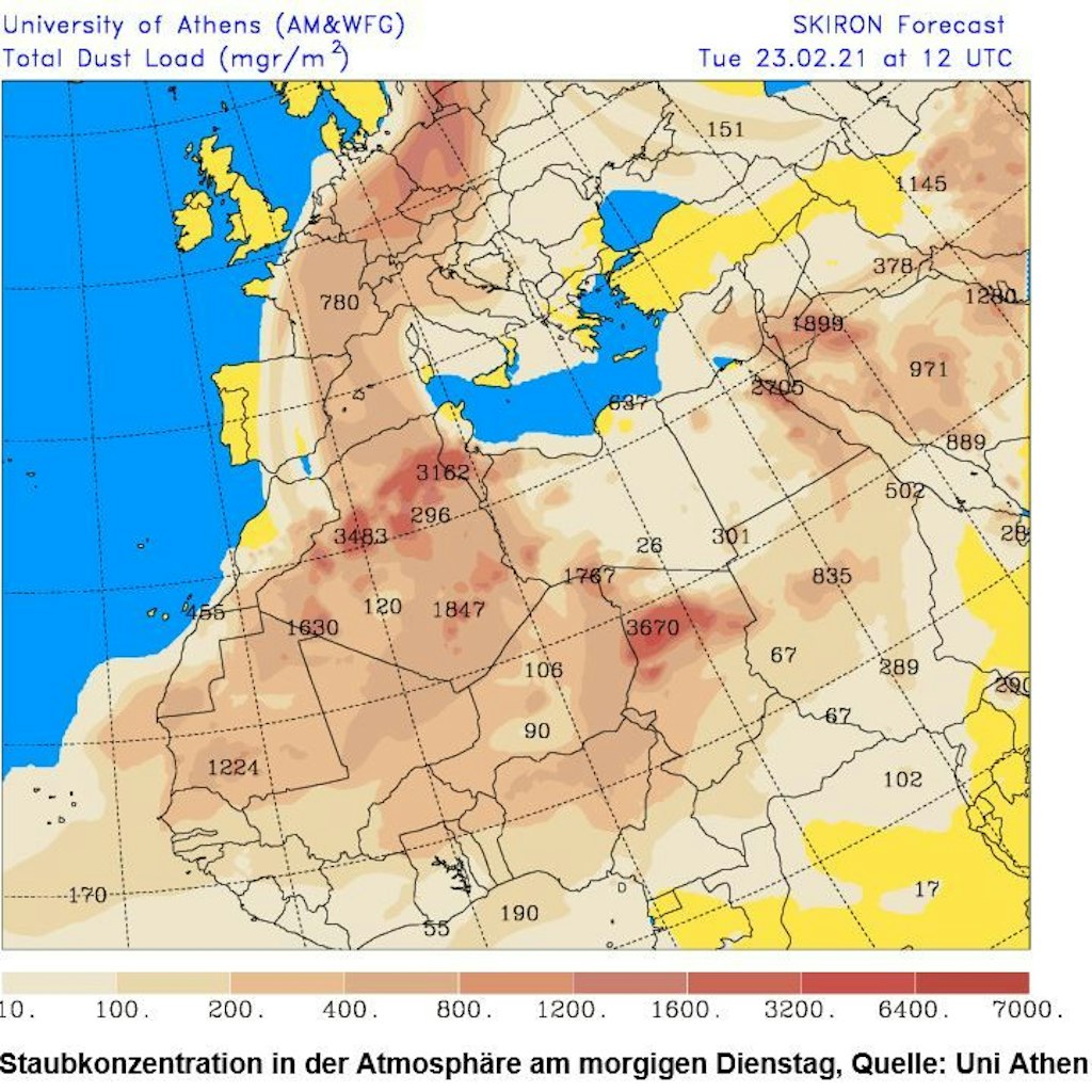 So verteilt sich der Saharastaub über Europa. 