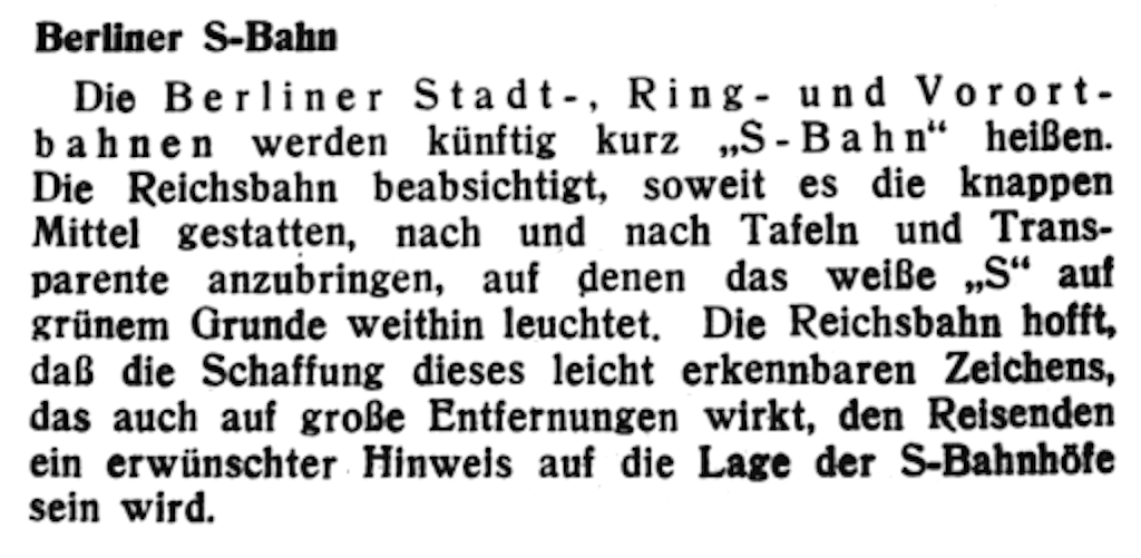 Die Bekanntmachung über den Namen S-Bahn und ihr Logo.