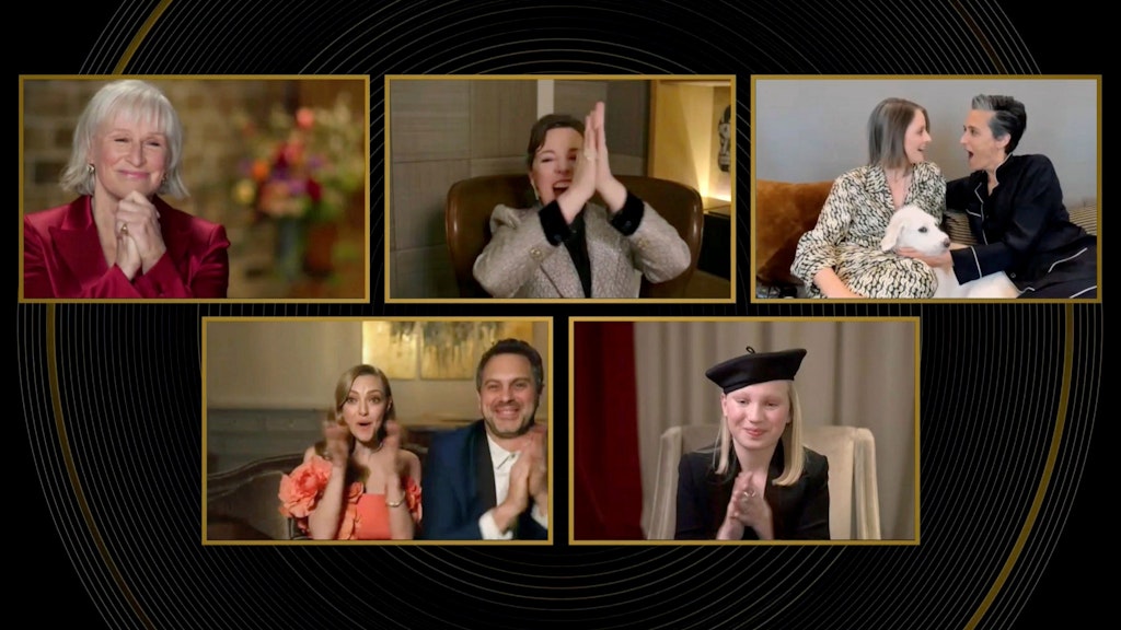 Zugeschaltet aus aller Welt: In der Sparte „Beste Nebendarstellerin“ siegte Jodie Foster, die sich mit ihrer Ehefrau Alexandra Hedison und ihrem Hund Ziggy freute (r.o.). Nominiert waren, neben Helena Zengel (r.u.) auch Glenn Close (l.o.), Olivia Colman und Amanda Seyfried (mit Ehemann Thomas Sadoski).