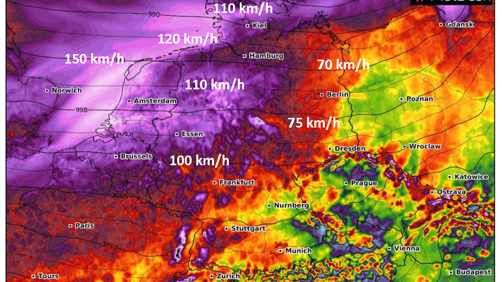 Die Wetterkarte zeigt die Windgeschwindigkeiten, die für Deutschland angekündigt sind.