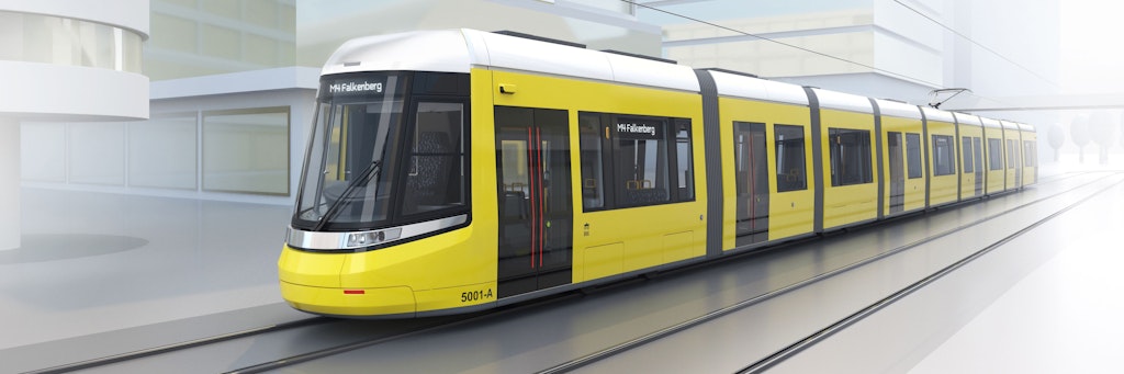 Die neue Straßenbahn in voller Fahrt auf dem Alexanderplatz ...