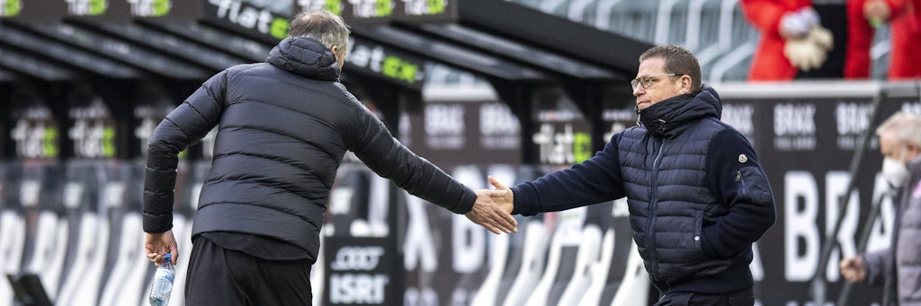 Hält bisher stoisch zu seinem Noch-Trainer Marco Rose (l.) und steckt nun im Schalke-Dilemma: Gladbach-Manager Max Eberl. 