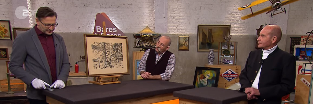 Kunst-Experte Detlef Kümmel mit Moderator Horst Lichter und Kandidat Gunter Schmidt bei „Bares für Rares“.