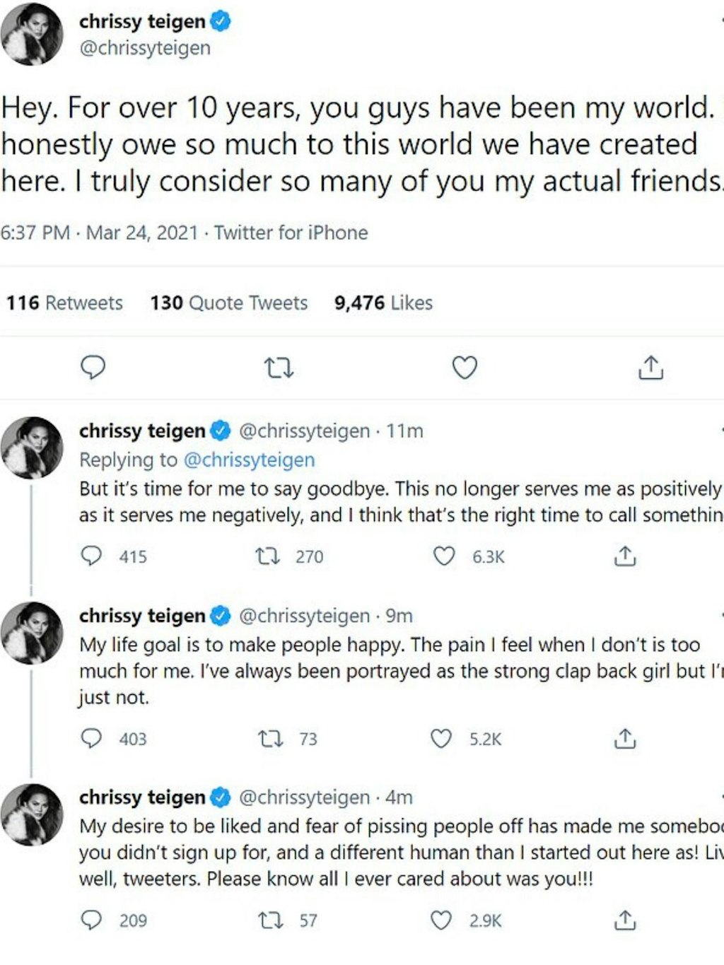 Chrissy Teigen verabschiedete sich ausführlich von ihrer Twitter-Community. 
