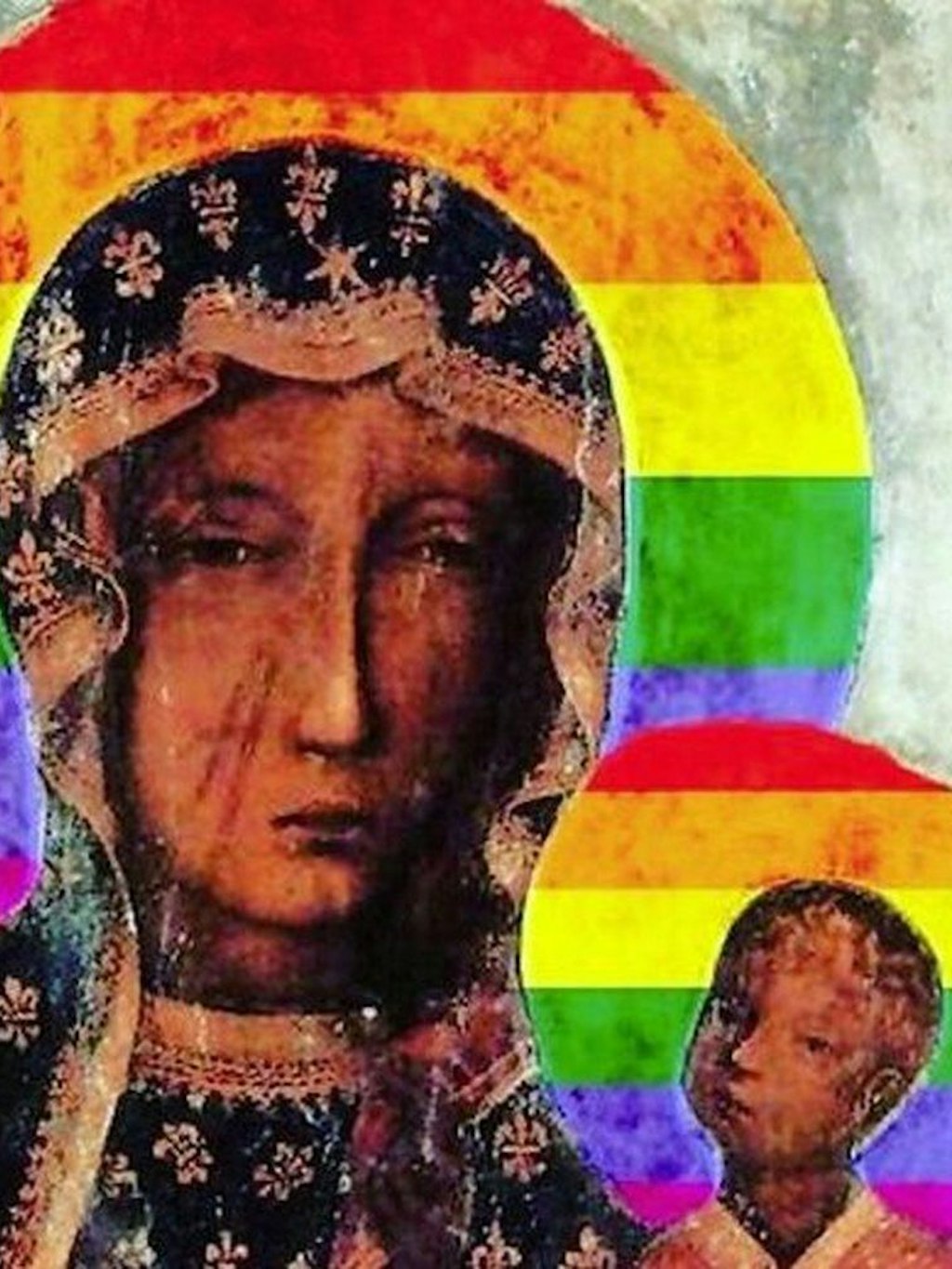 Die Schwarze Madonna von Tschenstochau und das Jesuskind mit Regenbogen-Heiligenscheinen.